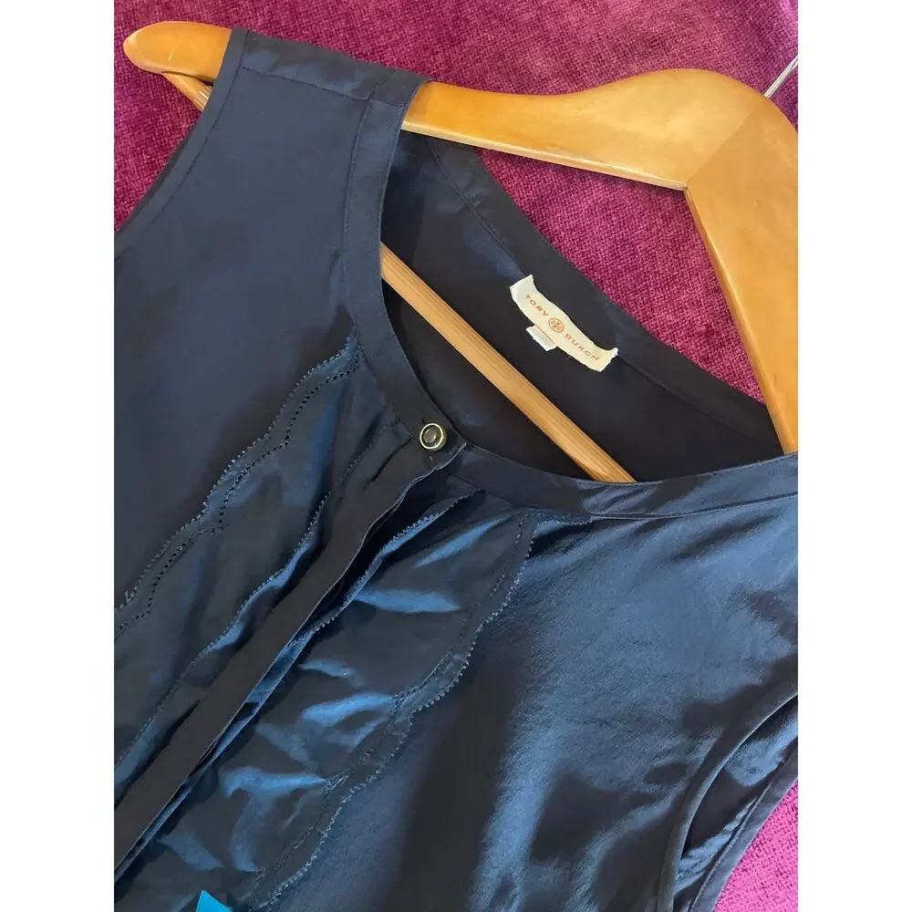 TORY BURCH Navy Blue Silk Sleeveless Blouse Size 8 Shirt Top OFFICE CAREER PREP